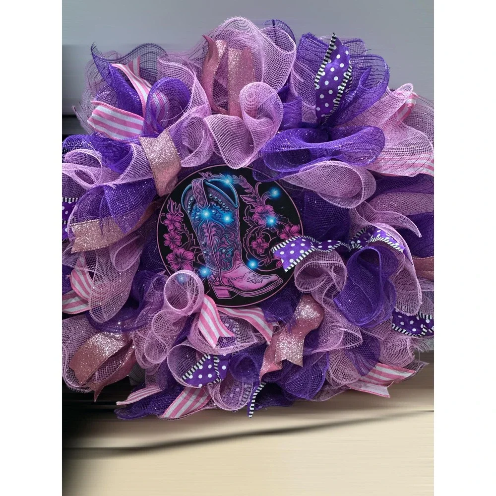 Handmade Western Mesh Wreath; Purple and Pink Wreath with a Western Flair